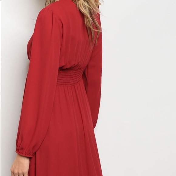 Wine High Low Babydoll Elastic Waist V-neck Top - Picture 3 of 8